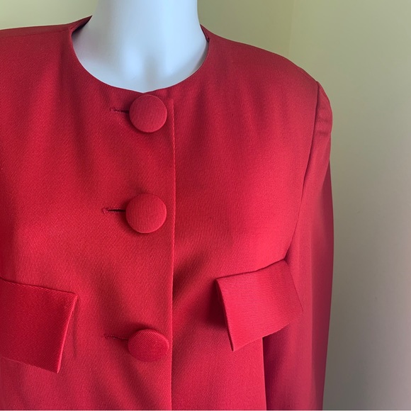 Bright red custom tailored classic chique blazer jacket collarless button-down L - Picture 5 of 13